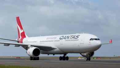 A large white Qantas jet with red tail on tarmac. Qantas is dealing with a COVID outbreak at one of its facilities.