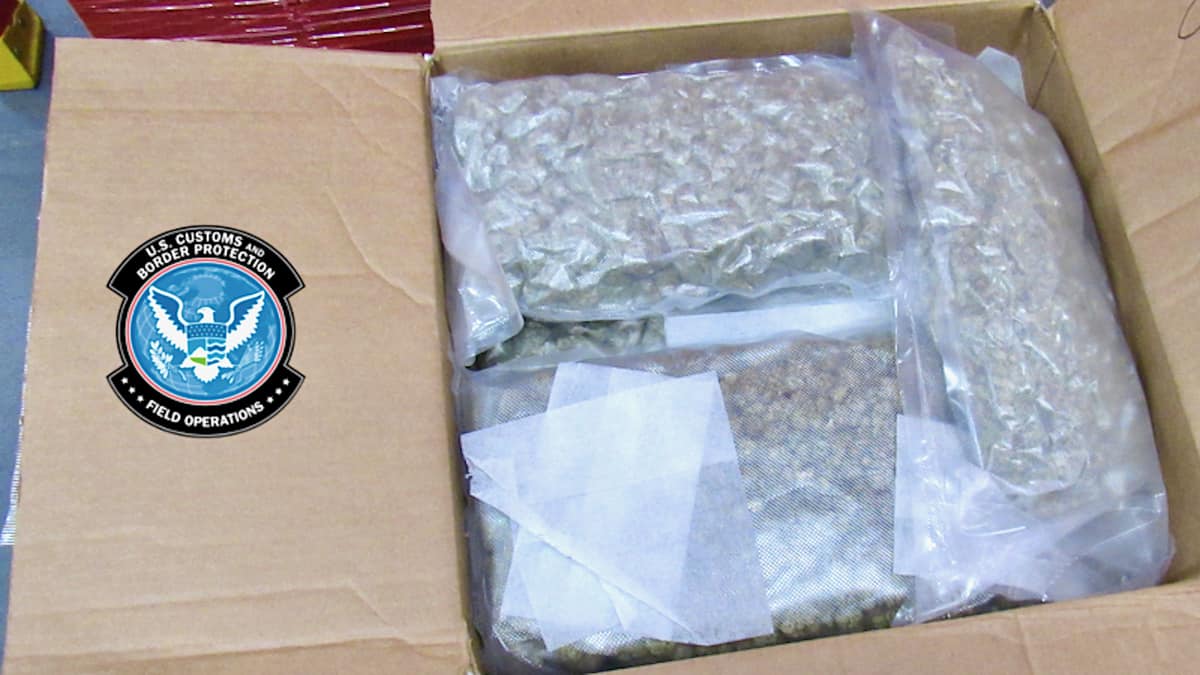 A cardboard box filled with sealed bags of marijuana, seized by US border agents in the latest major marijuana bust at the Canadian border