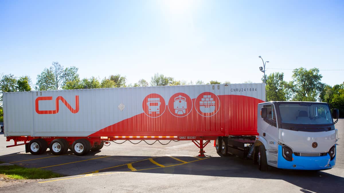 A Lion Electric Lion 8 electric truck with a CN intermodal trailer. CN has ordered 50 of the electric trucks.