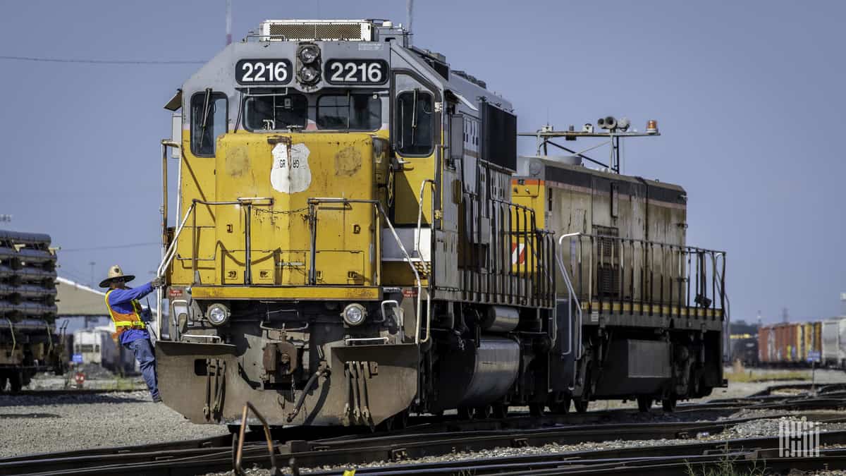 A Union Pacific train moves on a track. Union Pacific says the railway experienced extensive damage to tracks in the Lake Charles area from Hurricane Laura.