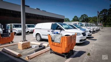 A U.S. Postal Service (USPS) delivery van in a parking lot. The USPS online tracking service was restored after an outage hit customers.