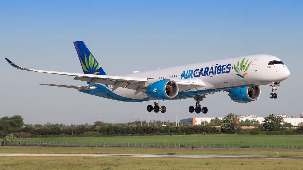 A large white jet with blue tail comes in for landing on sunny day, about to touch down with wheels out. Air Caraibe says it will soon start carrying cargo.