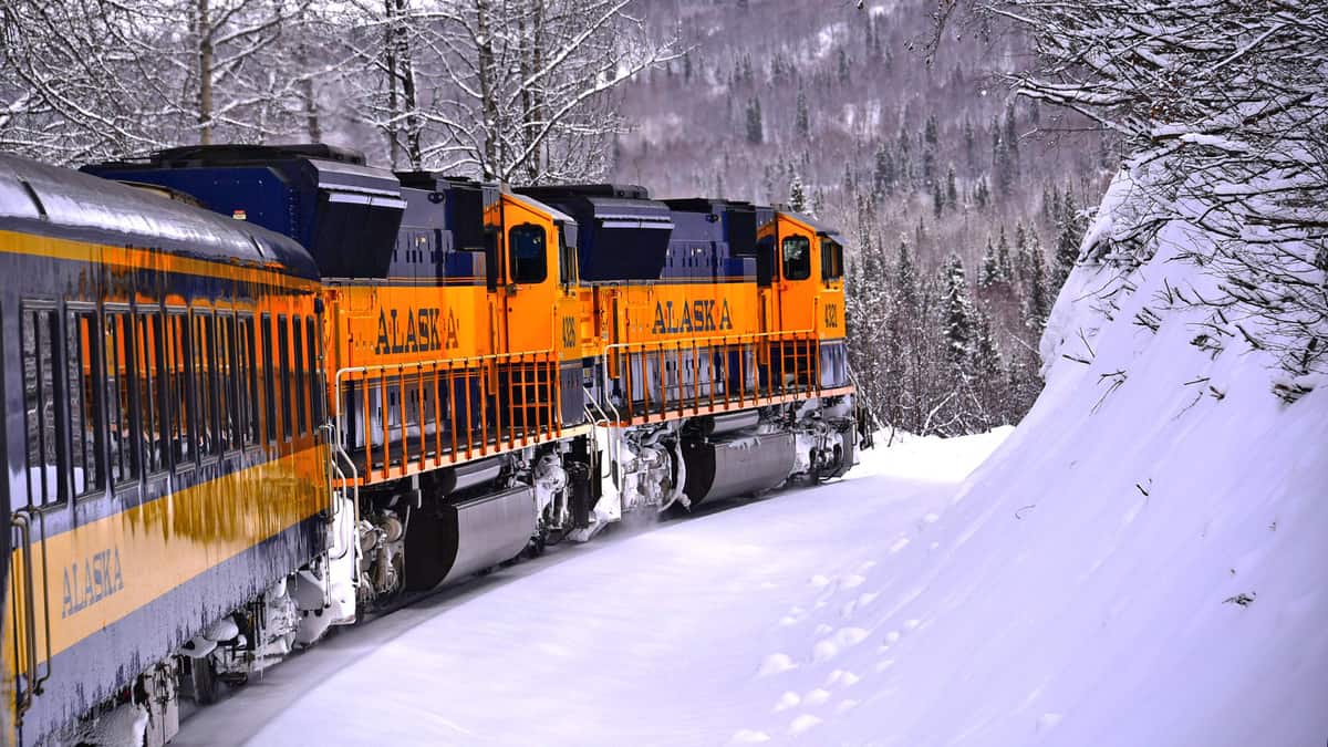 A photograph of a train traveling through a snowy forest.