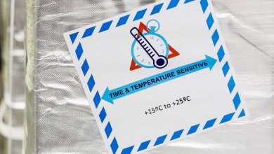 A label for pharmaceutical shipment showing a thermometer and the temperature range needed for the product. Cold chain logistics will be critical for delivery of coronavirus vaccines.