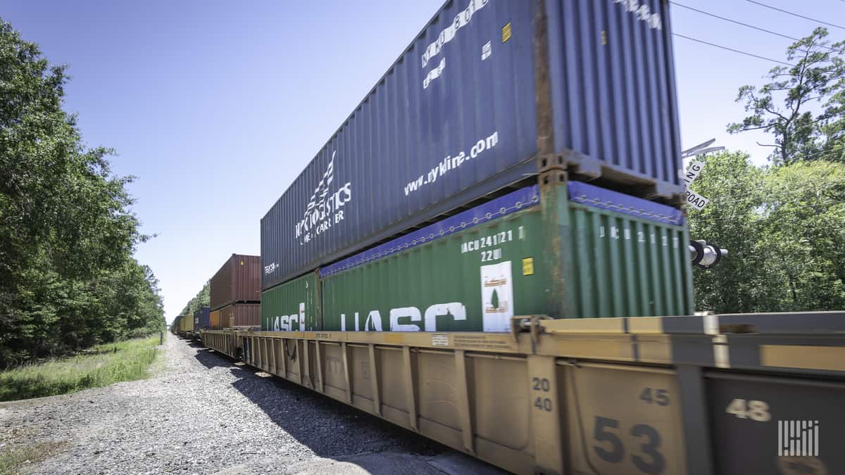 A photograph of intermodal containers on a train.