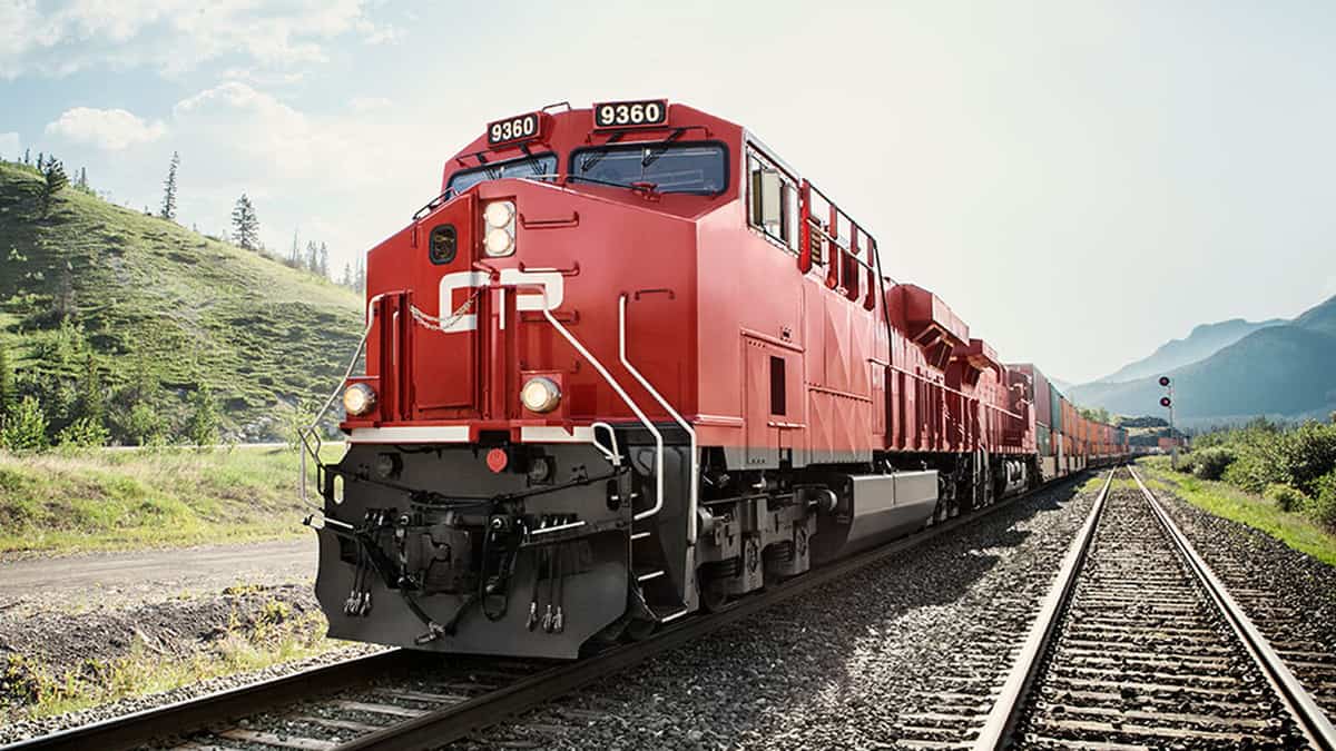 A Canadian Pacific Railway (CP) engine moves on a track. The railway will own the Detroit River Rail Tunnel