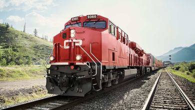 A Canadian Pacific Railway (CP) engine moves on a track. The railway will own the Detroit River Rail Tunnel