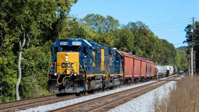A photograph of a CSX train traveling by a forest.