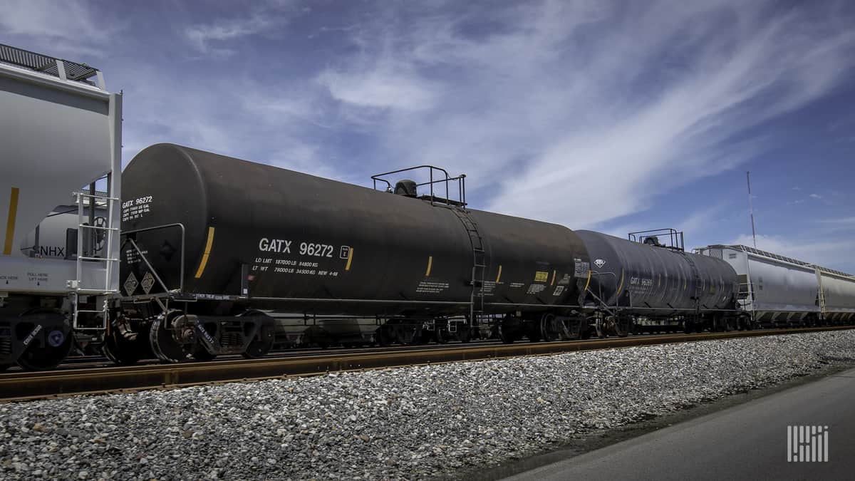 A photograph of a GATX tank car parked in a rail yard.