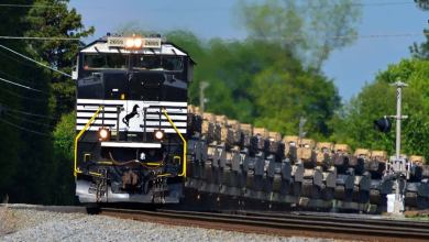 A photograph of a Norfolk Southern train traveling through a forest.