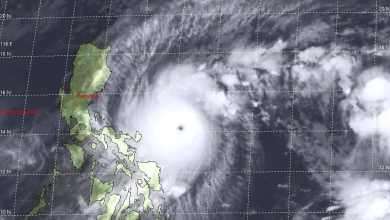 Satellite image of Super Typhoon Goni approaching the Philippines.