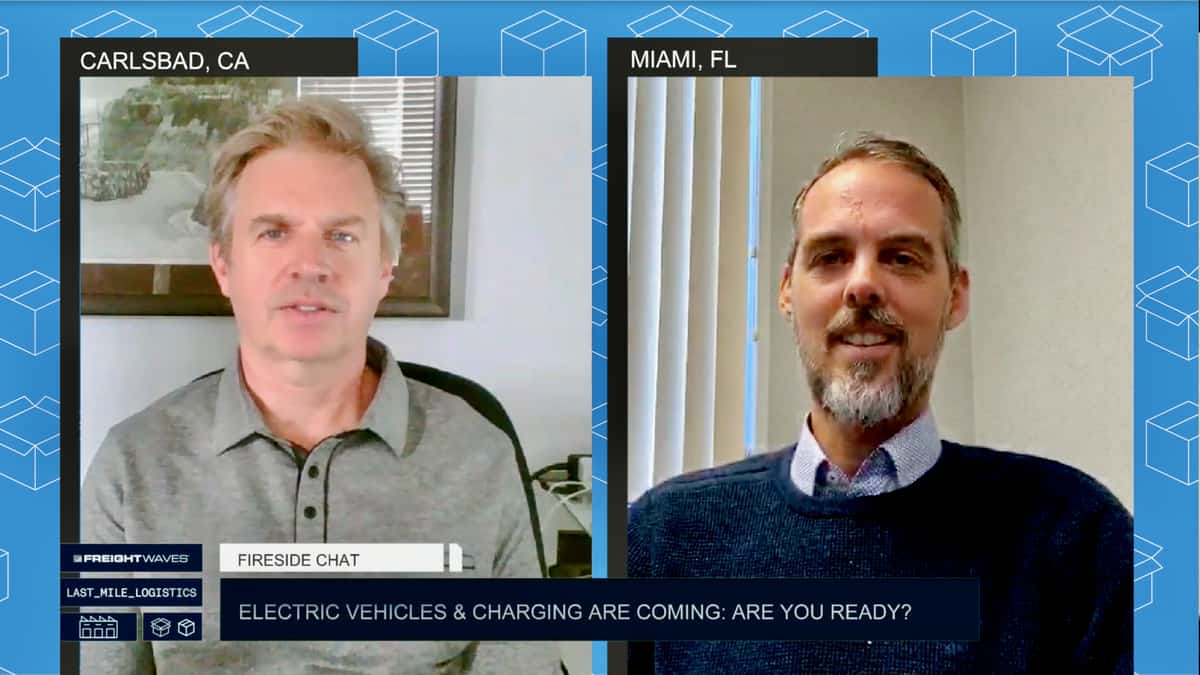 Bob Stojanovic of ABB (left) and Chris Nordh of Ryder discuss the future of electric vehicles in last mile logistics during FreightWaves’ Last Mile Logistics Summit.