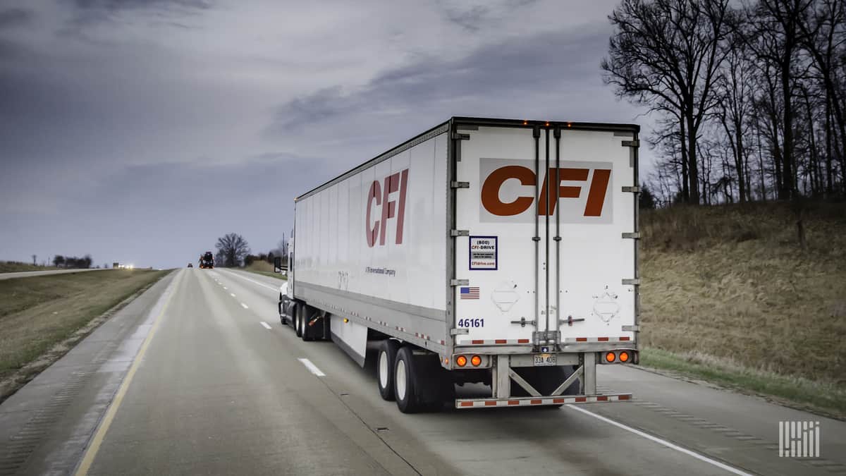 A tractor-trailer viewed from the year of TFI International trucking carrier CFI. TFI reported Q3 financial results on Thursday.