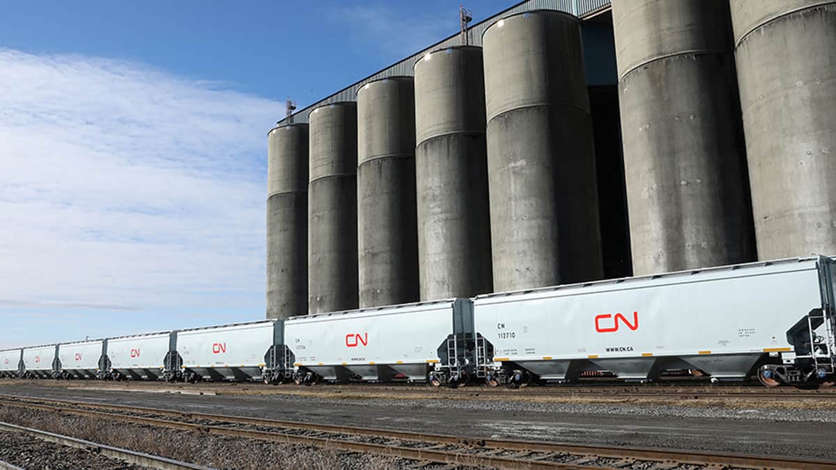 A photograph of grain elevators and a train next to them.