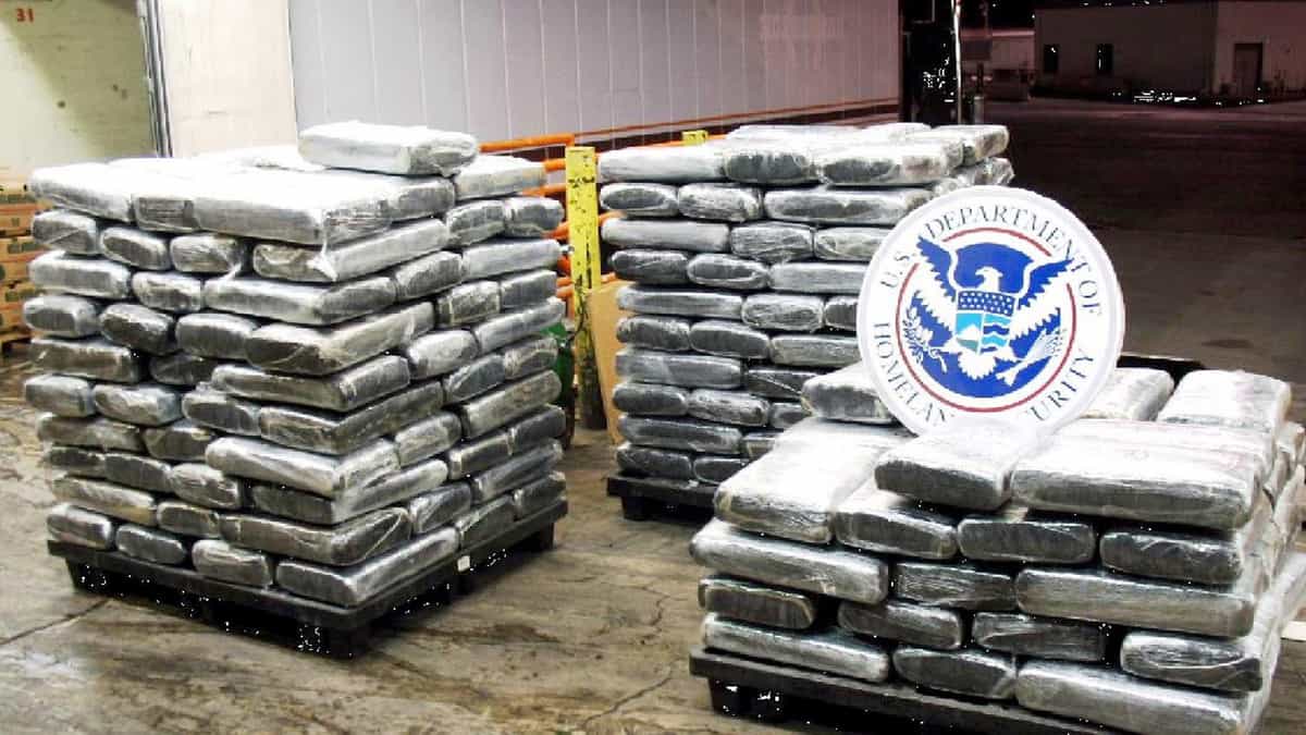 Palates of marijuana seized by CBP officers. A trucker was arrested at the US Canada border after marijuana was found in a shipment of pork