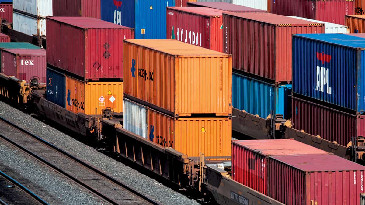 A photograph of intermodal containers in a rail yard.