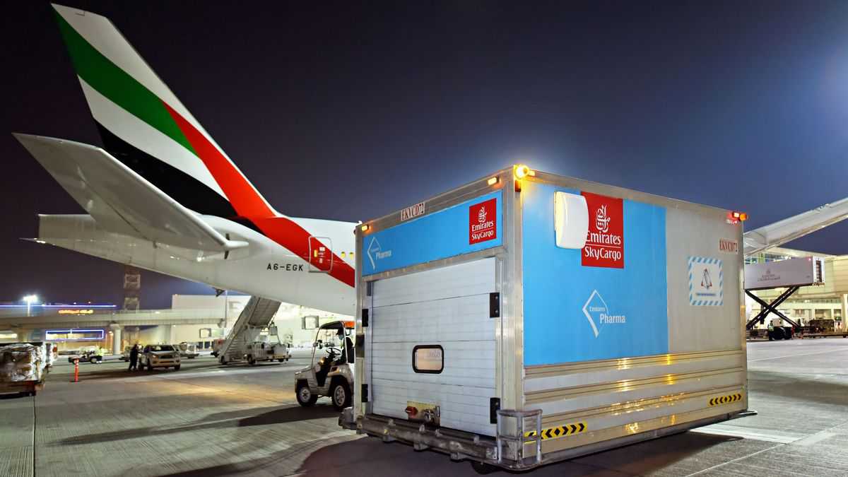 A cargo container on the tarmac at night after being unloaded from a large jet.