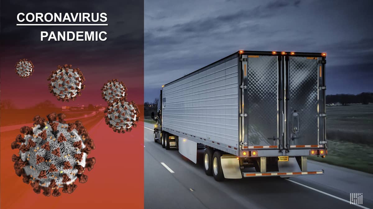 A silver refrigerated tractor trailer going down the highway with image of coronavirus superimposed next to it.