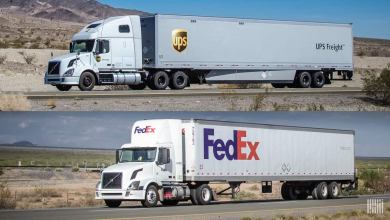 Split screen of FedEx and UPS semi-trailer truck.