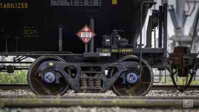 A photograph of a railcar's set of wheels.