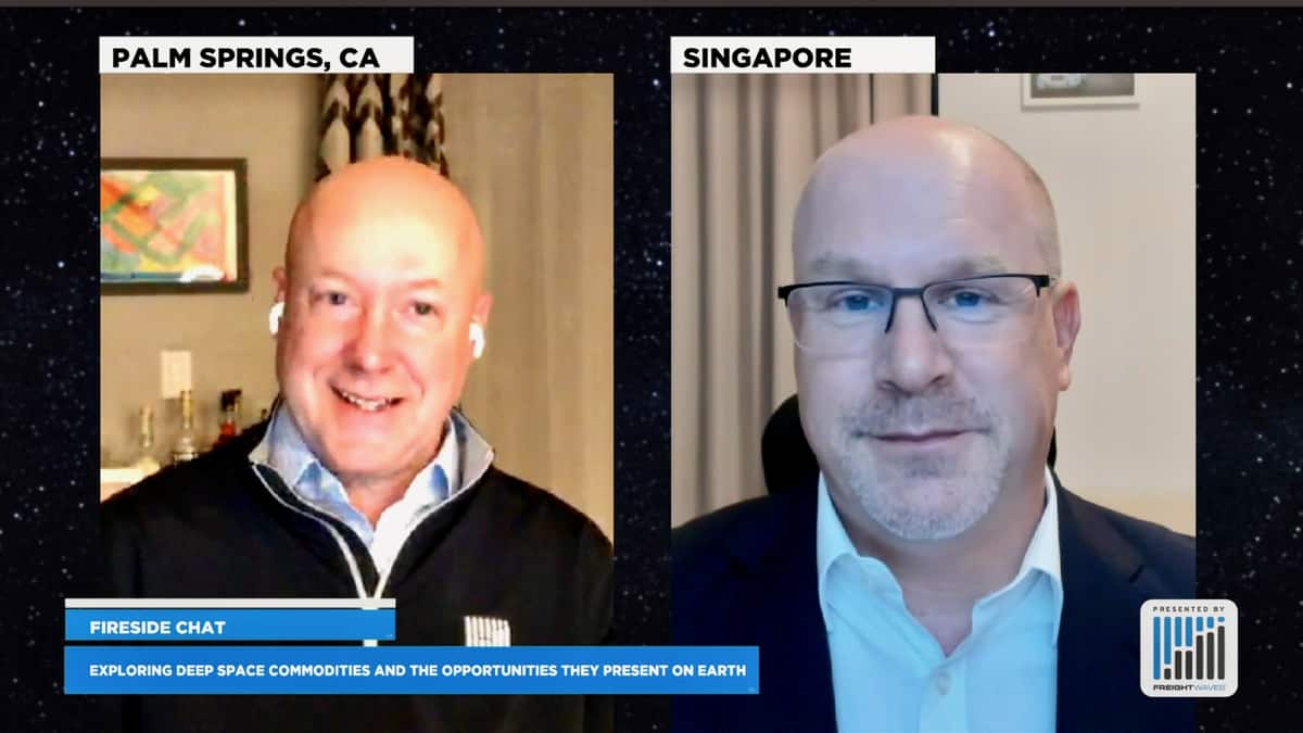 Commodities and finance expert Tom James (right) with FreightWaves Executive Publisher Kevin Hill discuss commodities in space during the SpaceWaves conference.