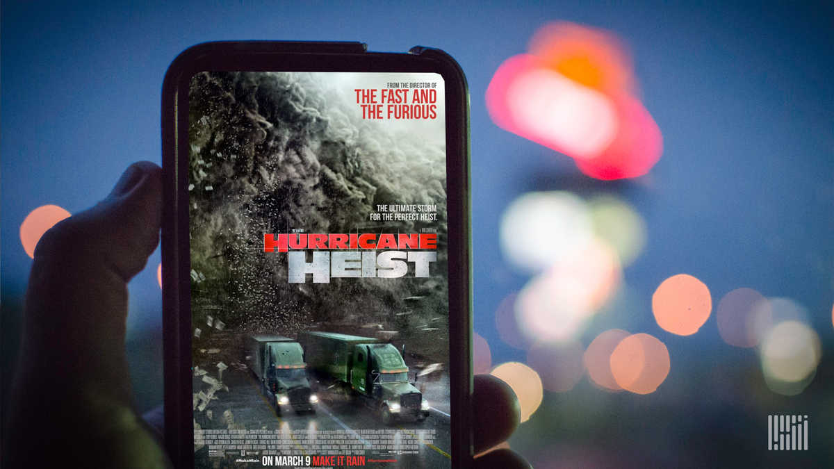Smart phone showing ad for the movie "The Hurricane Heist".