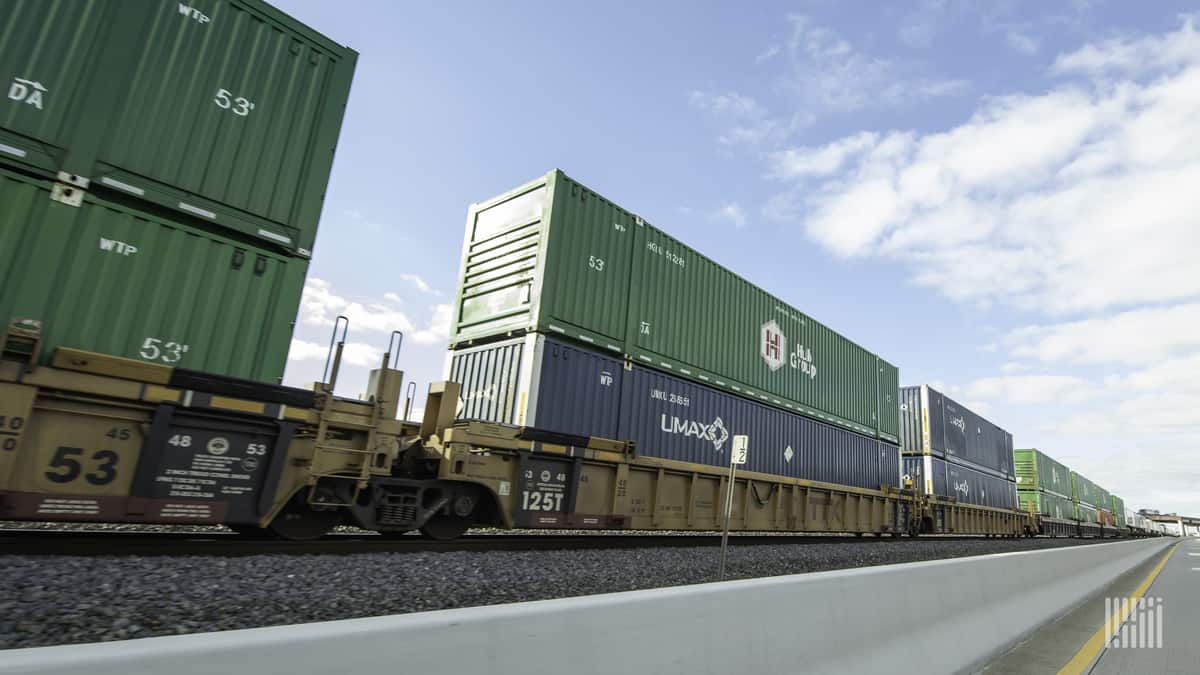 A photograph of intermodal containers on a train.