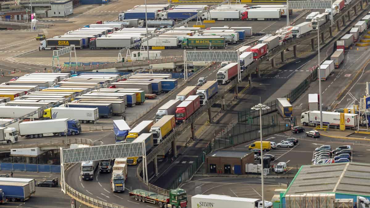 Trucks lined up at the port.