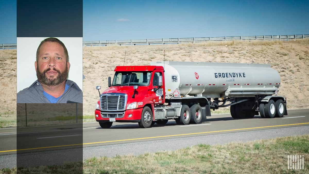 Groendyke Transport tanker on a desert highway. Inlay photo of driver Morgan Kirkland.