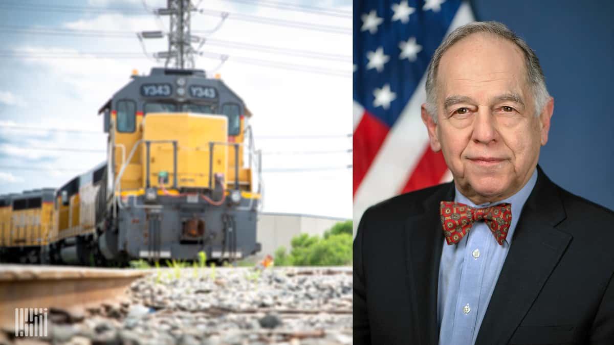 A composite photograph. On the left is a train and on the right is a man.