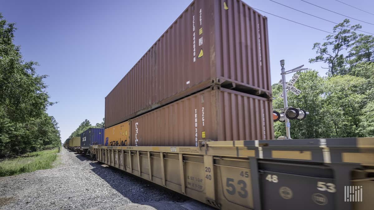 A photograph of a train hauling intermodal containers.