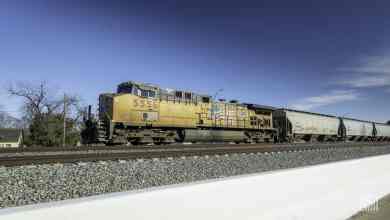 A photograph of a Union Pacific train traveling through a field.