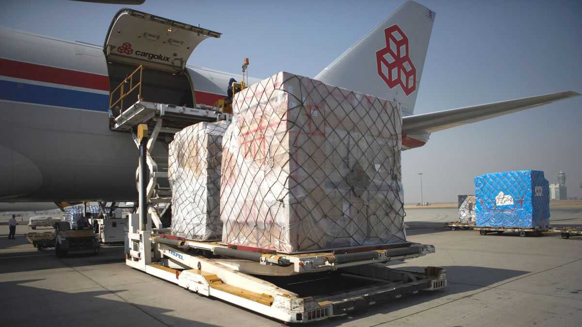 A pallet of cargo on a lift waiting to get raised to the door of a cargo plane on a sunny day.