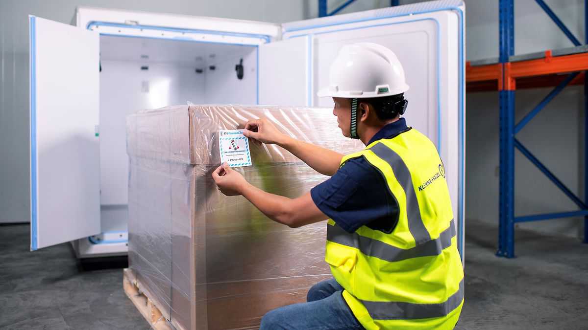 A man with a hard hat and yellow vest kneels to place label on small pallet before putting into refrigerator.