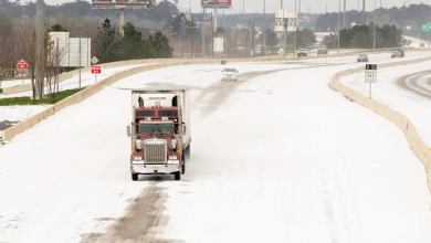 Tractor-trailer on snowy Houston, Texas road on Feb. 15, 2021.