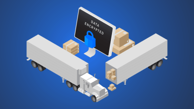 A graphic illustration of two trucks being unloaded and screen displaying "files encrypted' to illustrate an ransomware attack on a trucking company.