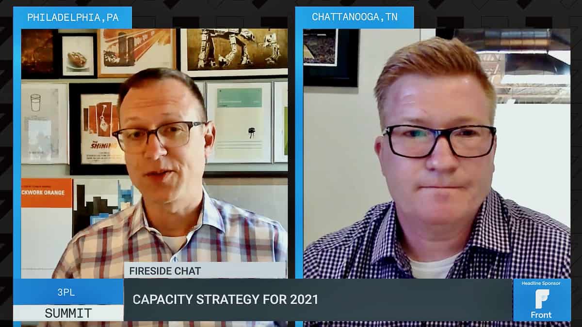 A screen capture of a video chat between David Broering, NFI’s president of non-asset solutions, (left) and Mark Ford, BlueGrace Logistics’ chief operating officer, discuss how carrier capacity strategies during FreightWaves 3PL Summit.