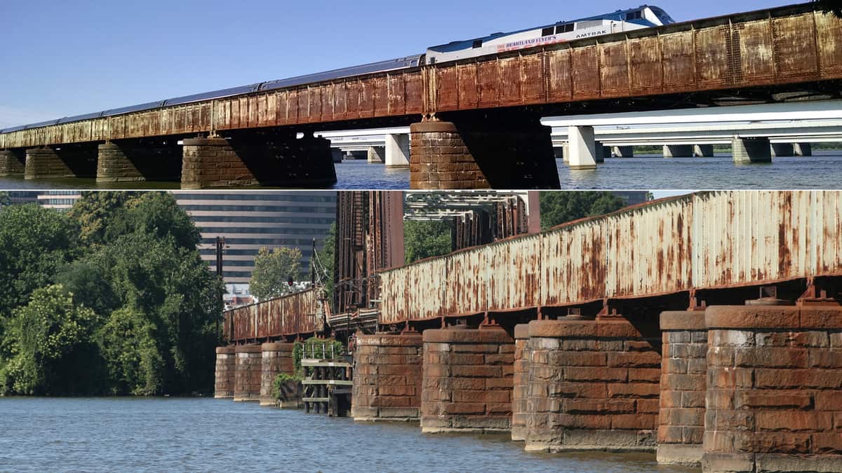 A composite image featuring two photographs. Both are of a train crossing a rusted bridge.