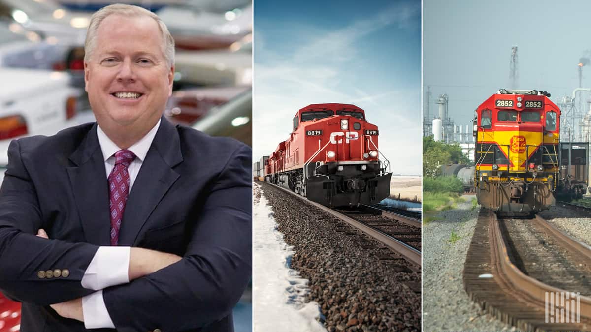 A composite image consisting of a three photos. On the left is a man, and in the middle is a Canadian Pacific locomotive and on the right is a Kansas City Southern locomotive.