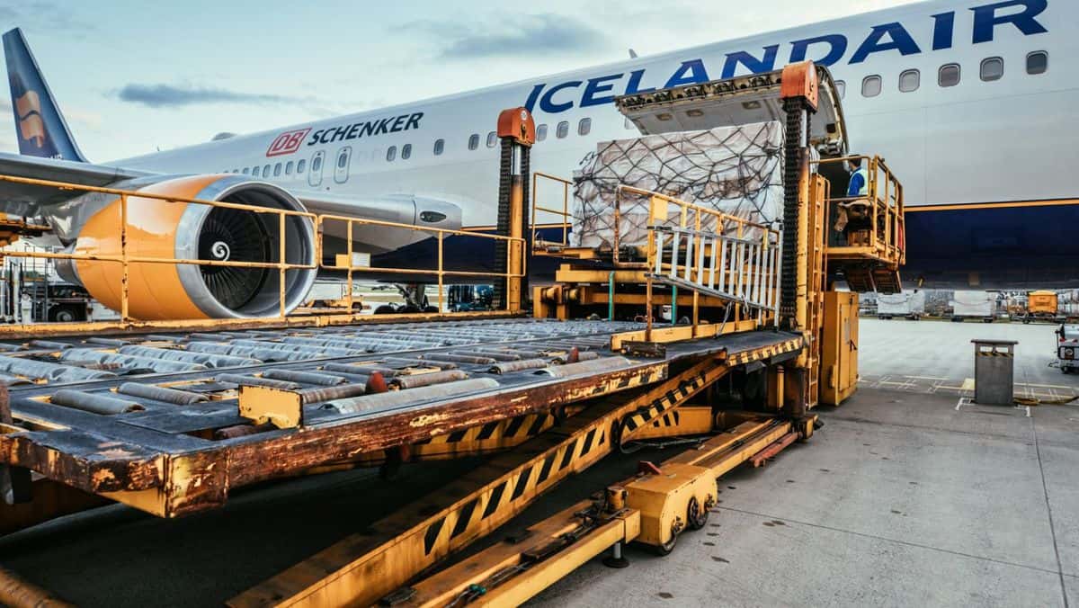 Cargo lets loaded on an Icelandair jet.