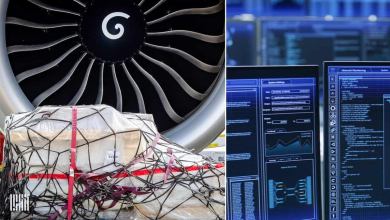 Split screen, with cargo pallet in front of a big jet engine of plane and blue screen of a big computer on the right to show digital freight transactions.