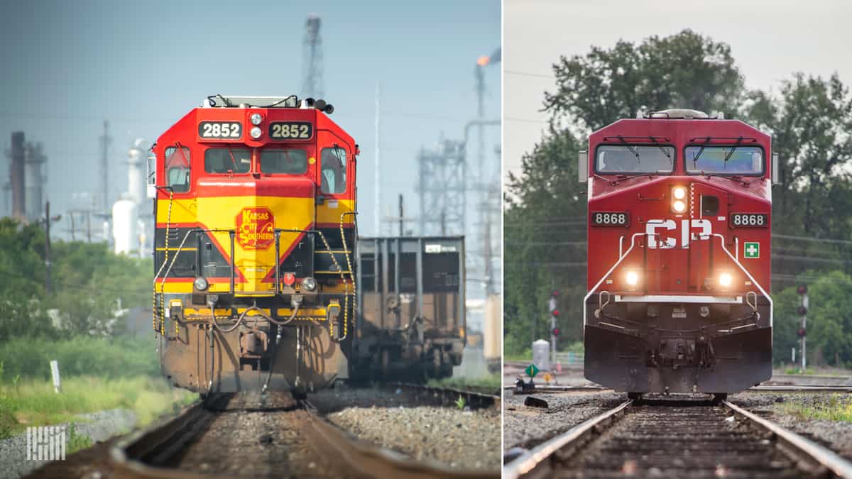 A composite image consisting of two photographs. On the left is a Kansas City Southern locomotive and on the right is a Canadian Pacific locomotive.