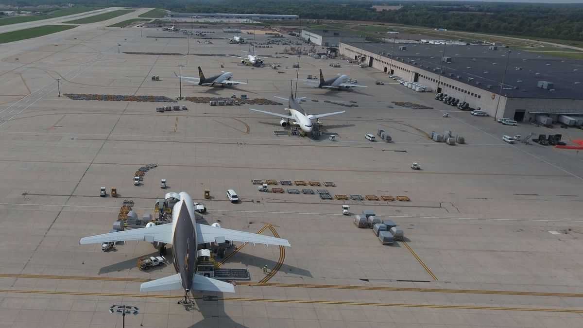 Aerial photo of UPS planes at Rockford Airport near Chicago.