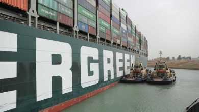 Tug boats try to move a big green container ship stuck in the mud.