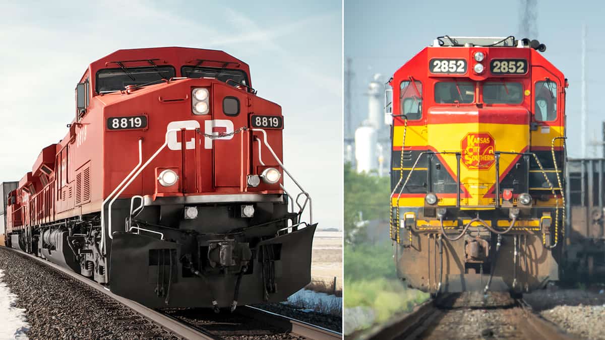 A composite image of two train locomotives. On the left is CP and on the right is KCS.