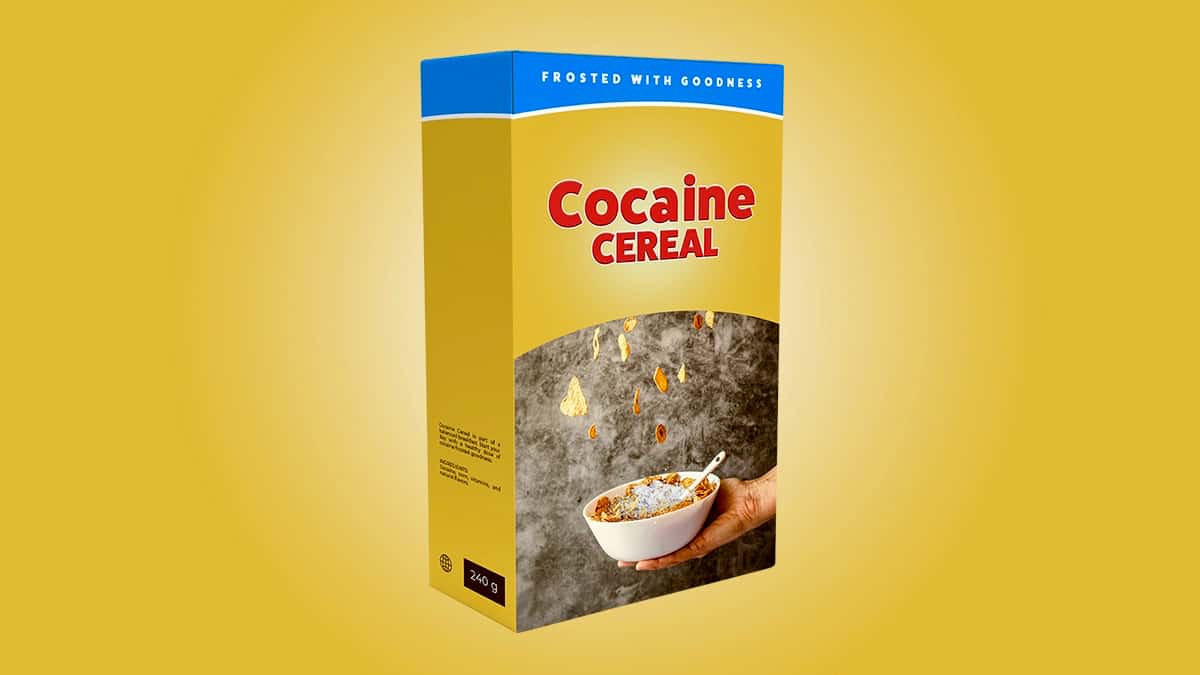 A graphic illustration of a box of of cocaine cereal to illustrate an article about the interception of a shipment of cocaine cornflakes.