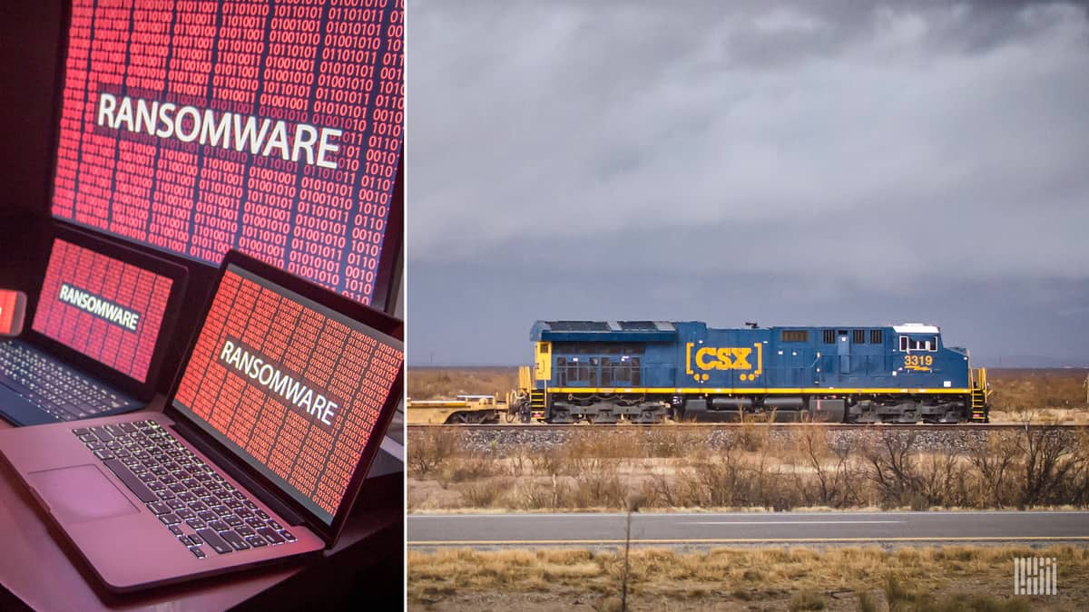 A photo of a CSX train alongside computer screens displaying ransomware in text