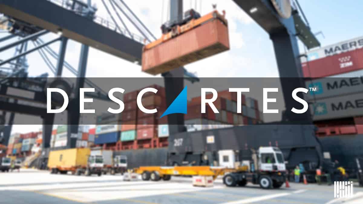 The logo of Descartes Systems Group on an image from a shipping container being loaded at a port.