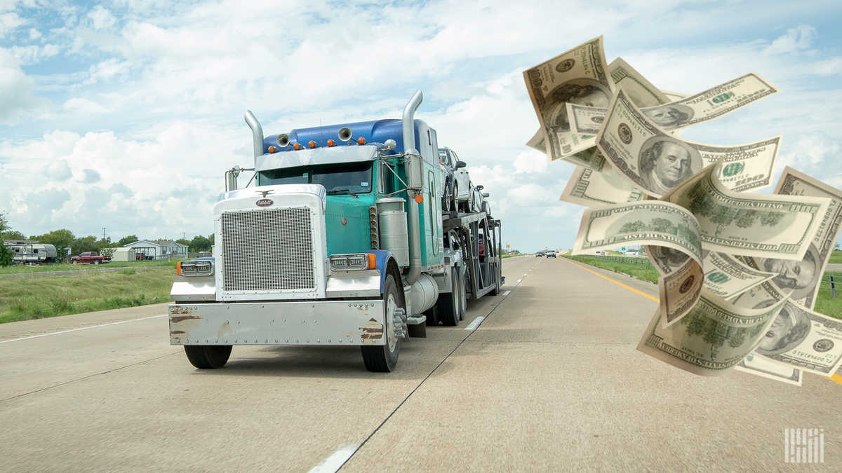 A blue tractor-trailer travels on a highway as dollar bills are seen to the right to illustrate diesel prices.