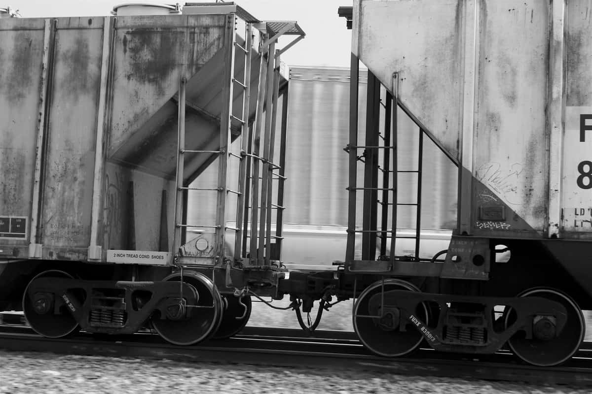 A black and white photograph of grain hopper cars.
